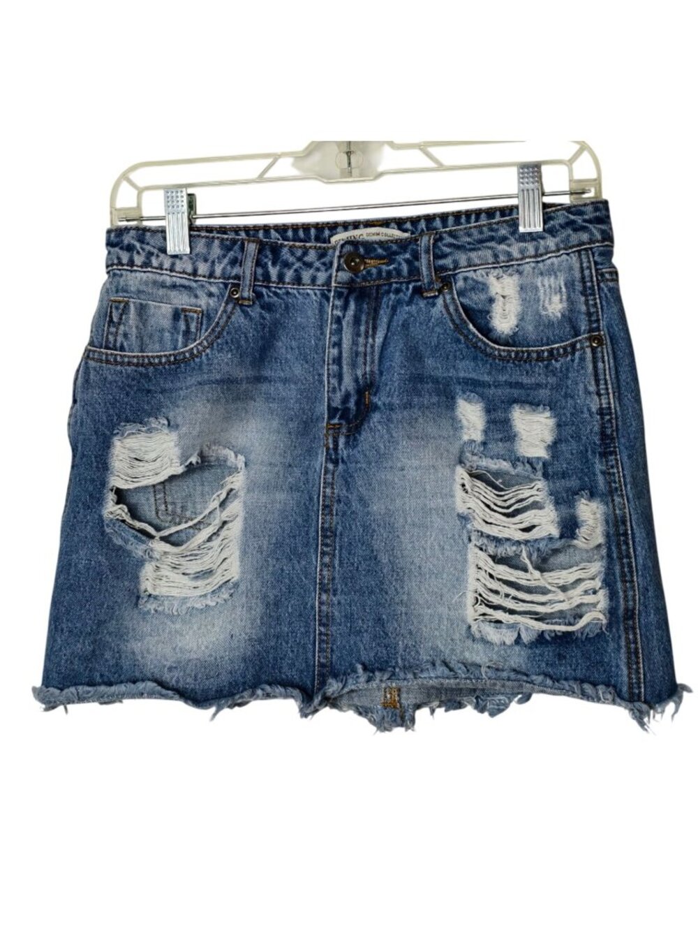 Womens L Y2K Mini Skirt Denim Distressed Raw Hem Jean Skirt Grunge Hip Hop Edgy